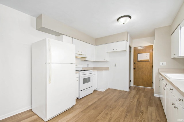 kitchen featuring white cabinetry, light wood-type flooring, white appliances, and sink