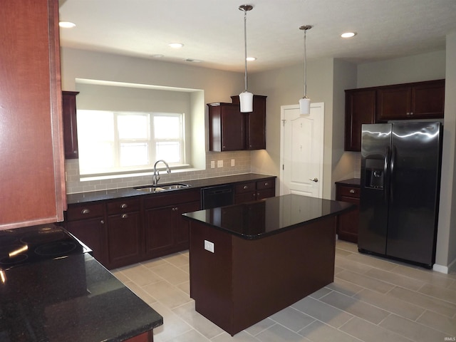 kitchen with stainless steel refrigerator with ice dispenser, tasteful backsplash, sink, dishwasher, and a center island