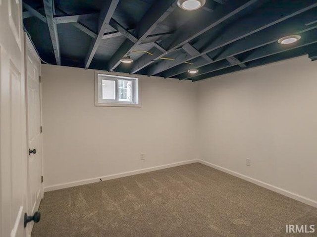 basement featuring carpet flooring