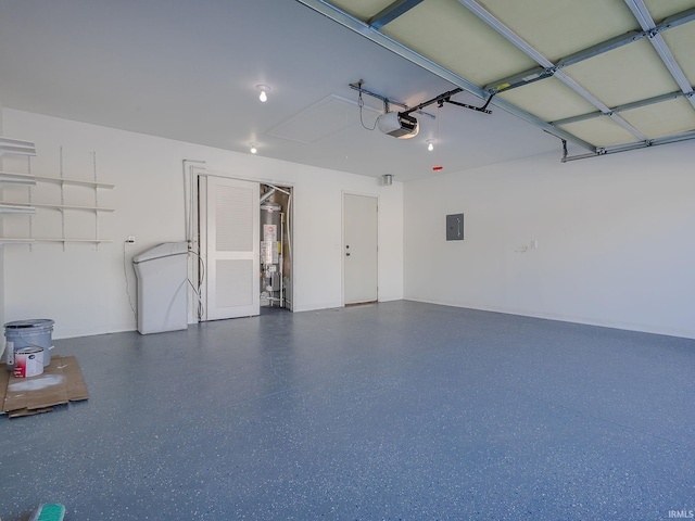 garage with washer / dryer, electric panel, a garage door opener, and water heater