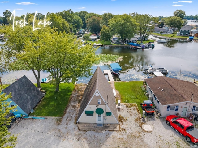 drone / aerial view featuring a water view