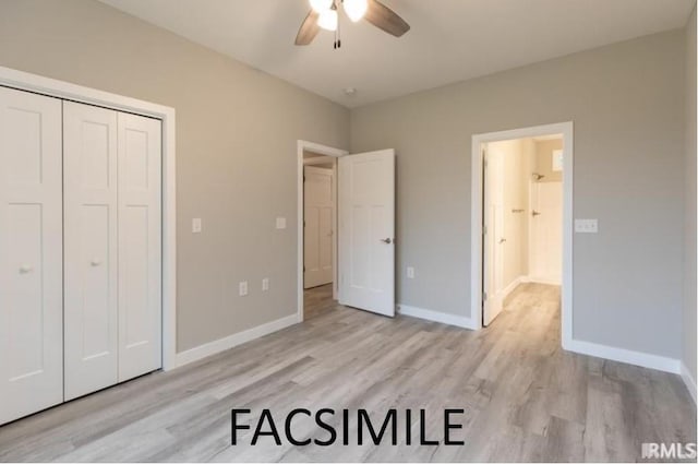 bedroom featuring ceiling fan, a closet, and light hardwood / wood-style flooring