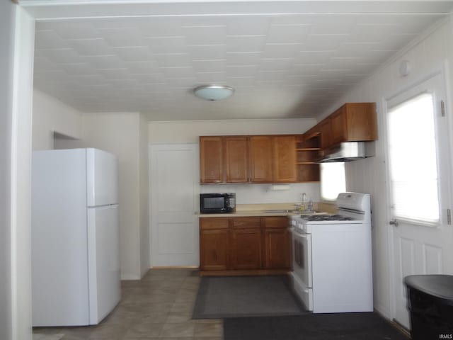 kitchen with white appliances, sink, and ornamental molding