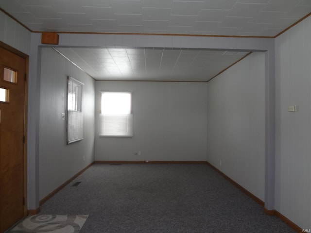 empty room featuring carpet flooring and crown molding