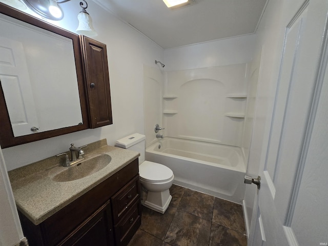 full bathroom with bathtub / shower combination, vanity, and toilet