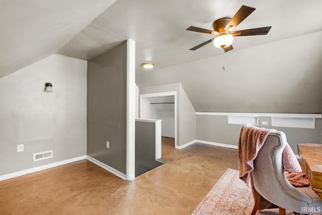 additional living space featuring ceiling fan and vaulted ceiling