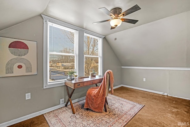 office area featuring ceiling fan and lofted ceiling