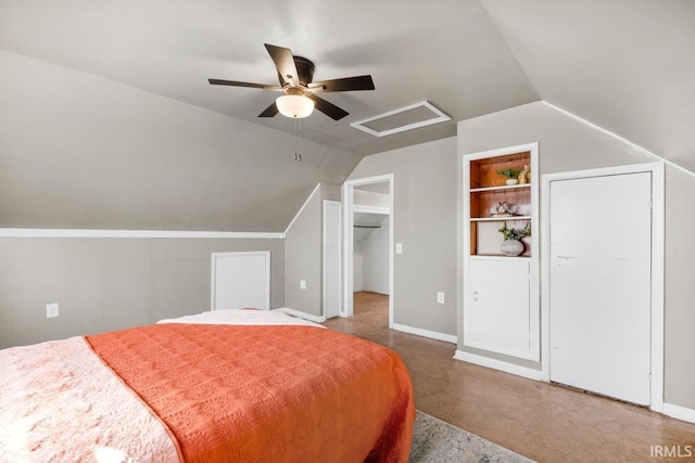 bedroom with ceiling fan and lofted ceiling