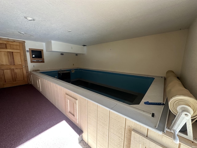 interior space with light colored carpet and a textured ceiling