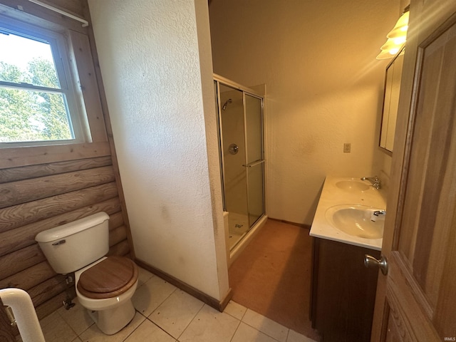 bathroom featuring vanity, tile patterned floors, toilet, walk in shower, and log walls