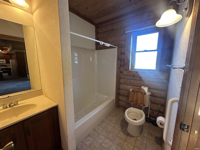 full bathroom featuring toilet, vanity, bathing tub / shower combination, and rustic walls