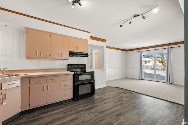 kitchen featuring sink, dark wood-type flooring, tasteful backsplash, double oven range, and a textured ceiling