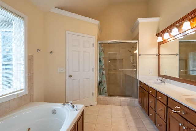 bathroom featuring vanity, tile patterned floors, ornamental molding, and plus walk in shower