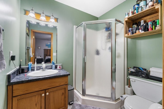 bathroom featuring vanity, toilet, and a shower with shower door