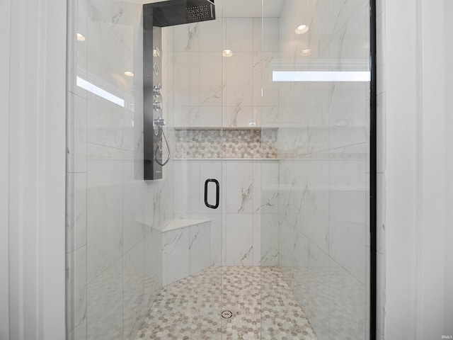 bathroom featuring a shower with shower door