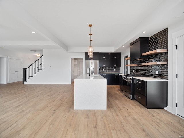 kitchen featuring sink, stainless steel appliances, decorative light fixtures, decorative backsplash, and a center island with sink