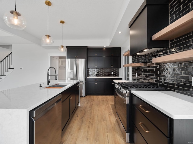 kitchen featuring backsplash, stainless steel appliances, sink, decorative light fixtures, and a center island with sink