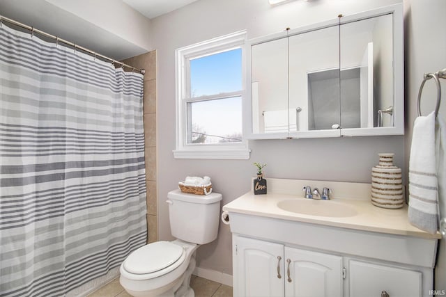 bathroom featuring tile patterned floors, vanity, toilet, and a shower with curtain