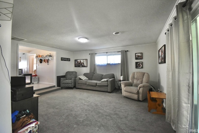 carpeted living room featuring a textured ceiling and crown molding