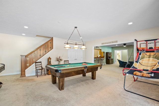 playroom featuring billiards, ceiling fan, and light colored carpet