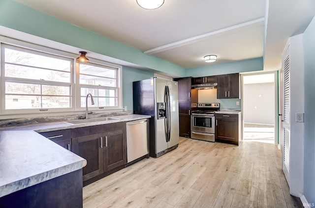 kitchen with sink, dark brown cabinetry, appliances with stainless steel finishes, and light wood-type flooring