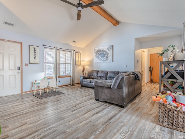 living room featuring lofted ceiling with beams, ceiling fan, and light hardwood / wood-style flooring