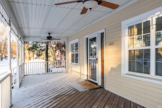 deck with ceiling fan and a porch