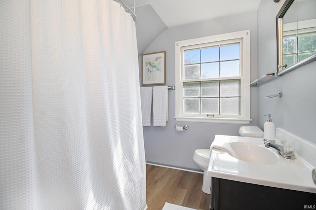 bathroom with toilet, vanity, hardwood / wood-style floors, and vaulted ceiling