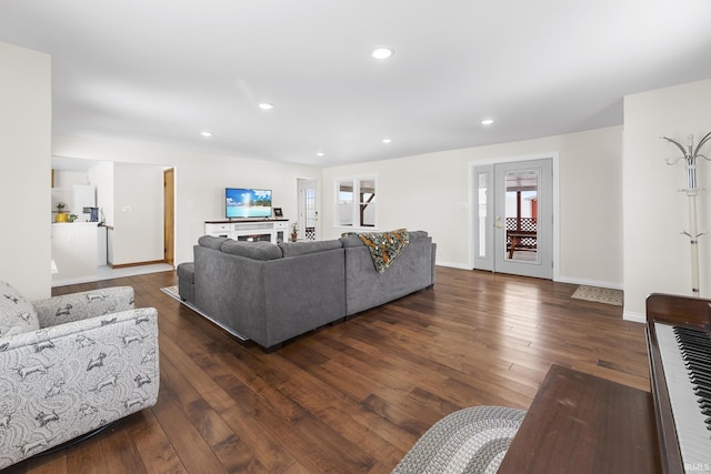 living room with dark wood-type flooring