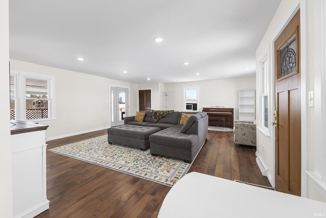 living room with dark hardwood / wood-style flooring