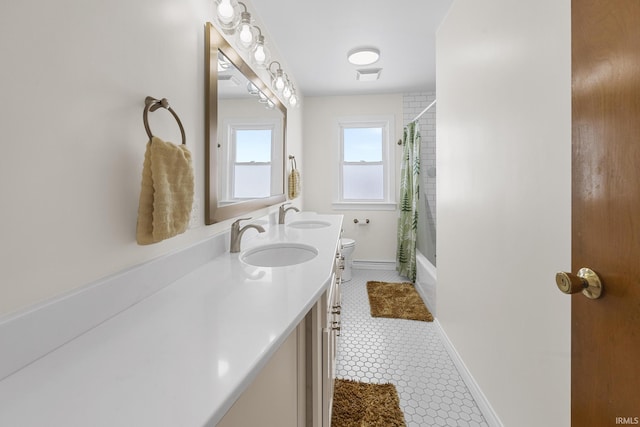 bathroom featuring shower / bathtub combination with curtain, tile patterned flooring, and vanity