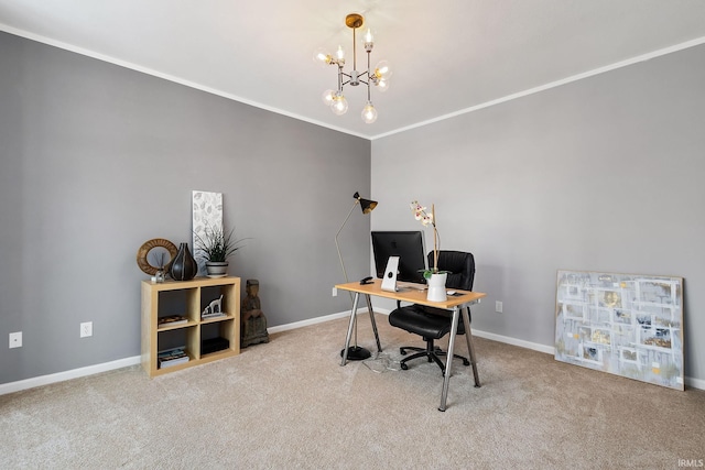 office area with light carpet, a notable chandelier, and crown molding