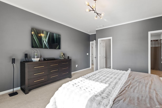 bedroom with ornamental molding, light colored carpet, and an inviting chandelier