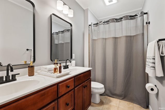 bathroom featuring vanity, a shower with curtain, tile patterned floors, and toilet