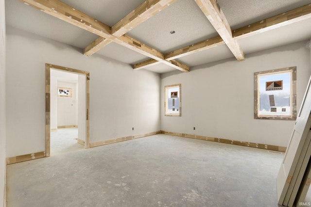 unfurnished room with coffered ceiling and beamed ceiling