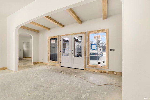 entrance foyer with french doors and beamed ceiling