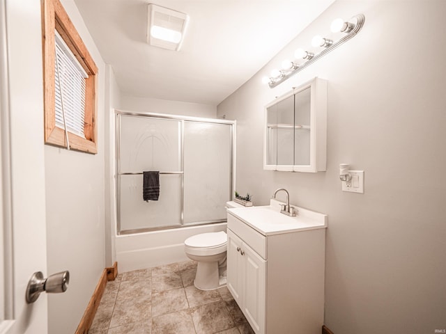 full bathroom with combined bath / shower with glass door, vanity, and toilet