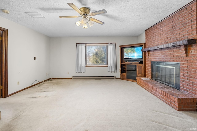 unfurnished living room featuring a textured ceiling, a brick fireplace, light colored carpet, baseboard heating, and ceiling fan