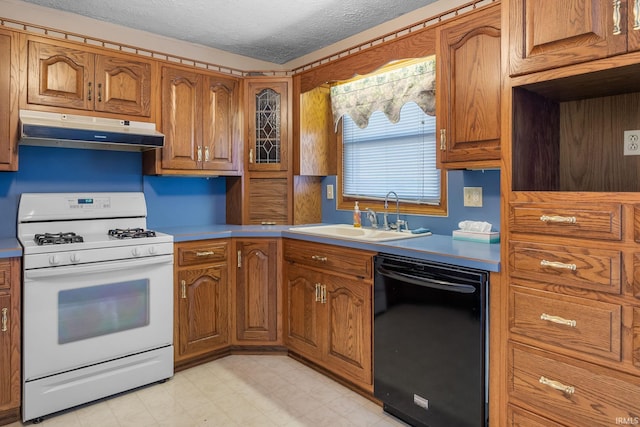 kitchen featuring sink, black dishwasher, a textured ceiling, and white gas range oven