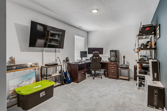 carpeted office with a textured ceiling