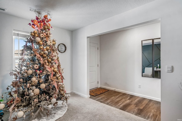 foyer with carpet flooring and a textured ceiling