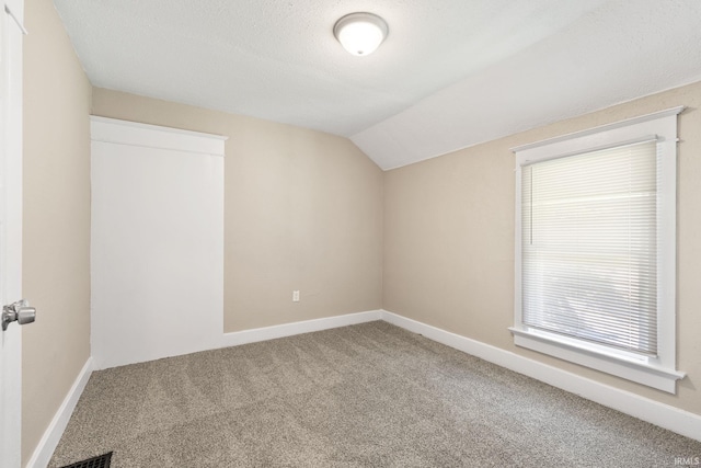 additional living space with lofted ceiling, a textured ceiling, and carpet flooring