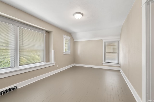 empty room with hardwood / wood-style floors and lofted ceiling