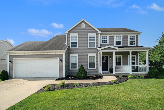 view of front of property with a front yard, a garage, and a porch