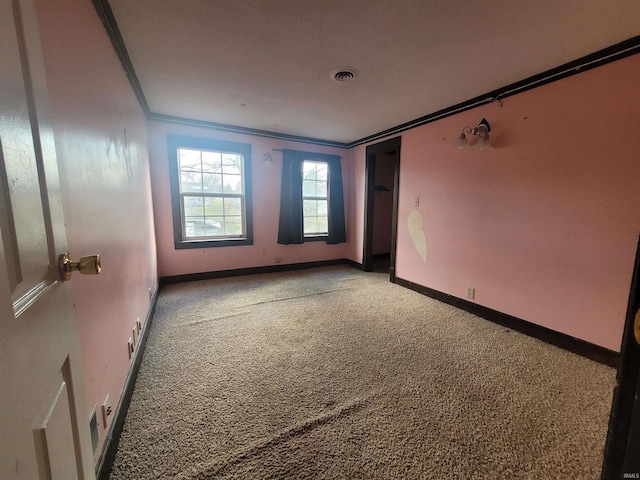 spare room with ornamental molding and carpet flooring