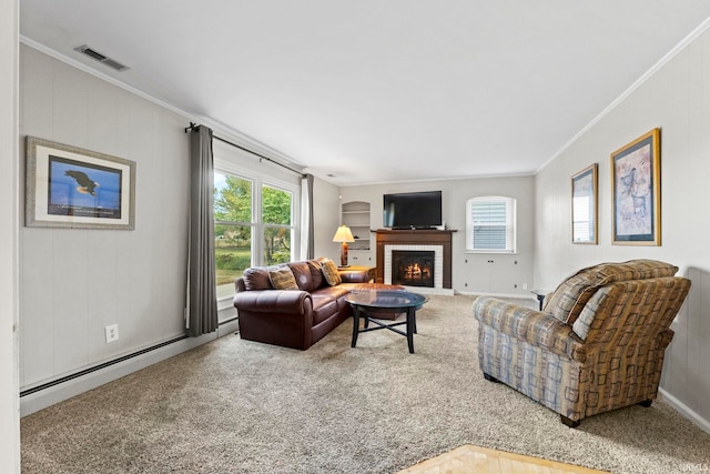 living room with a brick fireplace, baseboard heating, and crown molding