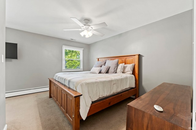 carpeted bedroom with a baseboard radiator and ceiling fan