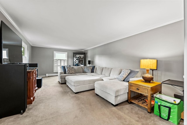 living room featuring crown molding, light carpet, and a baseboard heating unit