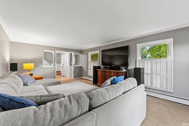 living room with baseboard heating, light colored carpet, and crown molding