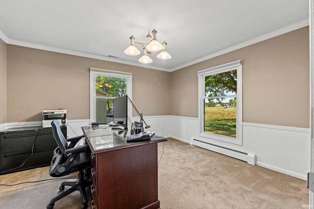 carpeted home office featuring crown molding, an inviting chandelier, a baseboard radiator, and plenty of natural light